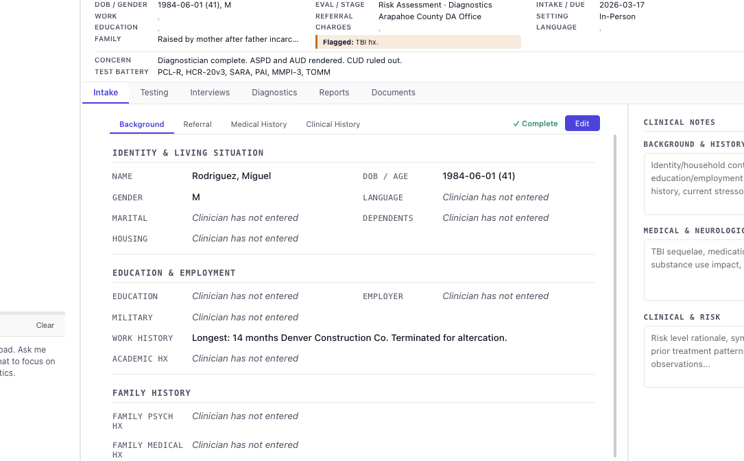 The intake screen, showing referral, evaluation type, client initials, and due date