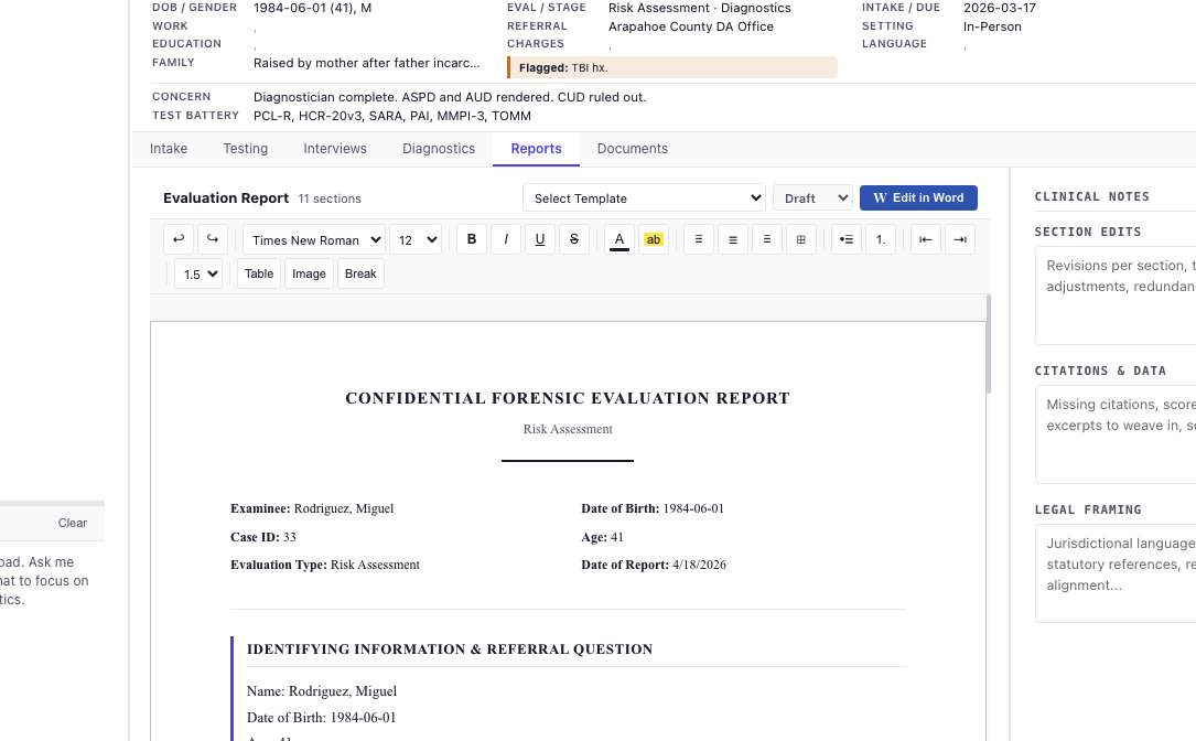 The report screen, showing draft sections with the source of each one